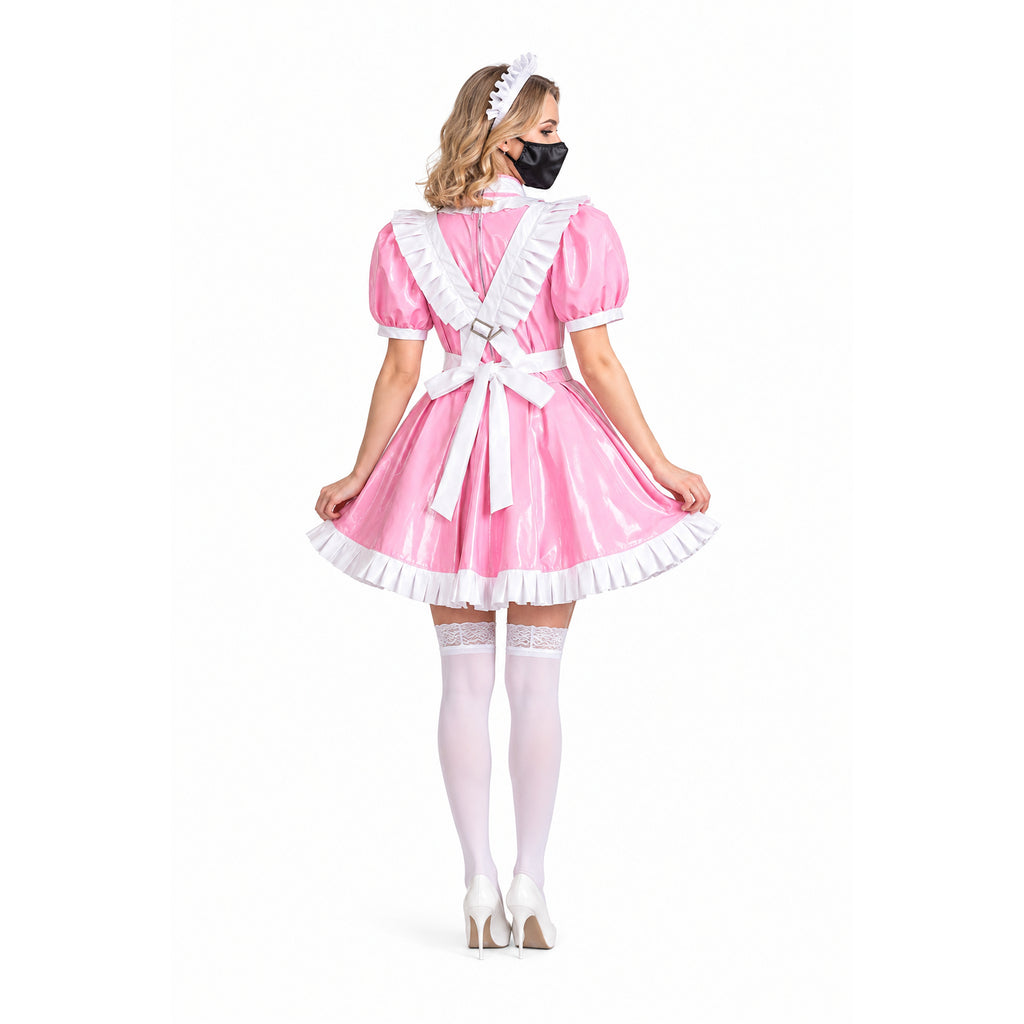Pink sissy maid dress with white ruffles, bow, and PVC finish, shown from back with matching headband and stockings