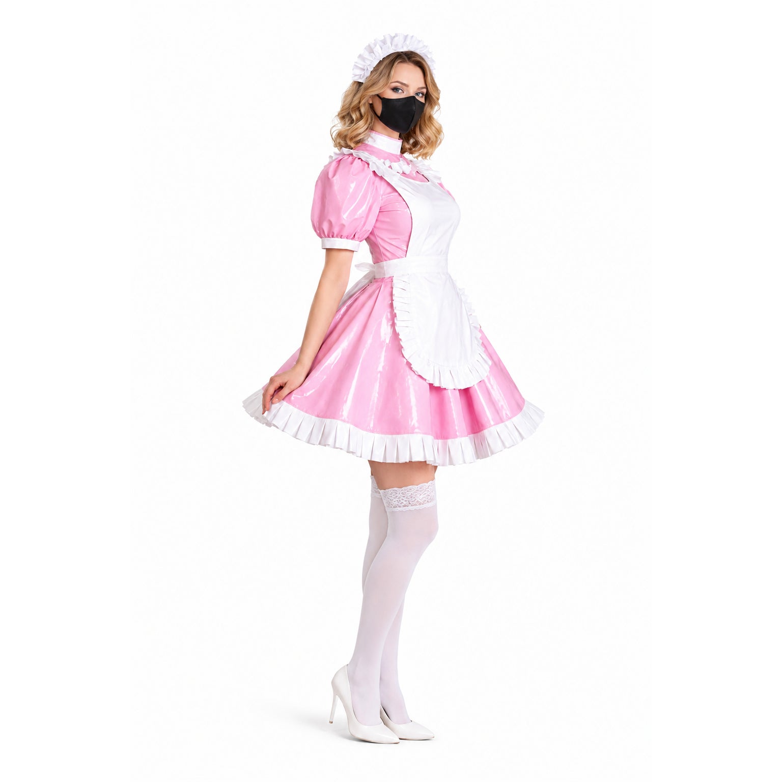 Pink PVC sissy maid dress with white apron, frills, and lace stockings, styled for costume fashion.