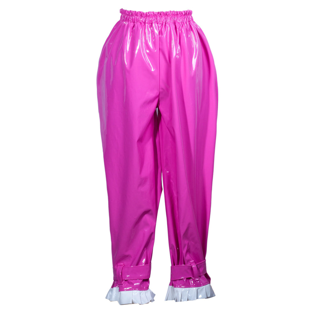 Pink PVC sissy maid pants with ruffled cuffs and elastic waist