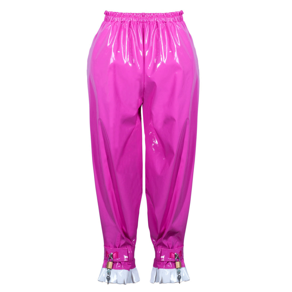 Pink PVC sissy maid pants with ruffled cuffs and lock details