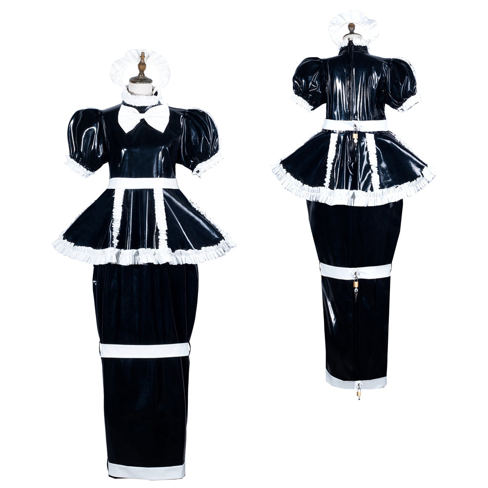 Black PVC sissy maid dress with white frills, bow, and lockable design, shown front and back