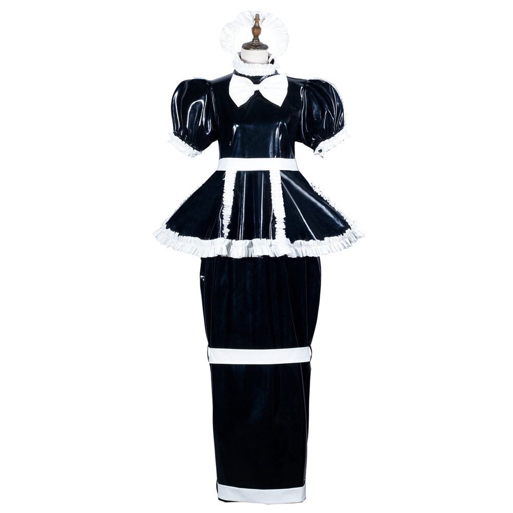 Black PVC sissy maid dress with white ruffles, bow, and apron-style skirt on mannequin