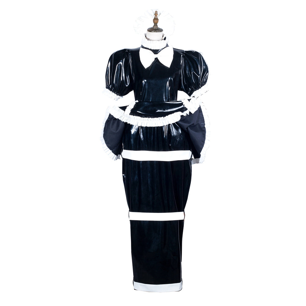 Black PVC sissy maid dress with white ruffles, bow, and apron, displayed on mannequin