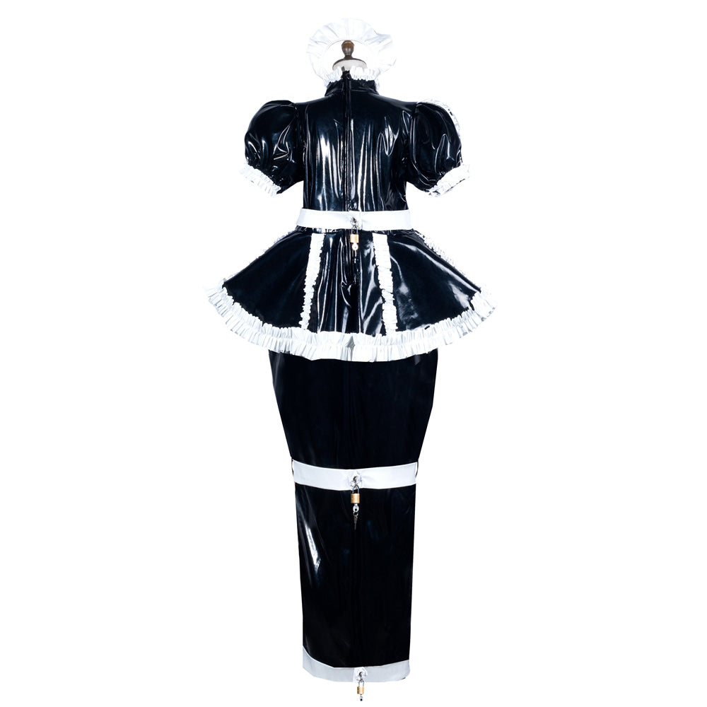 Black PVC sissy maid dress with white ruffles, lockable design, and puffed sleeves on mannequin