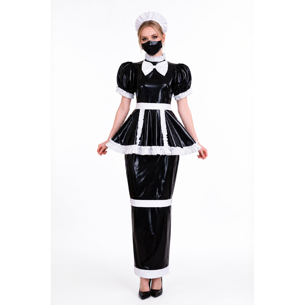 Black PVC sissy maid dress with white ruffles, bow, and apron, paired with matching hat and heels