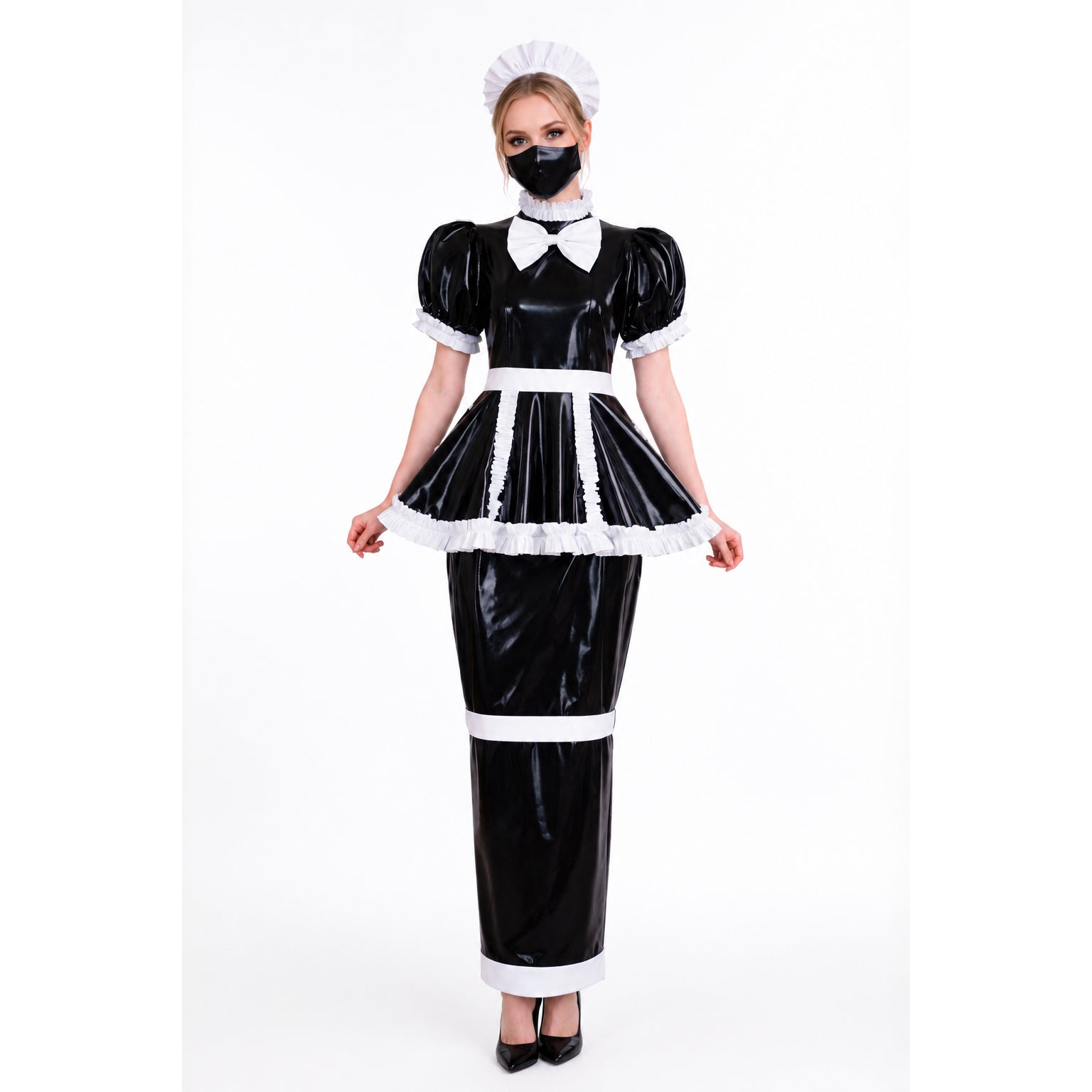 Black PVC sissy maid dress with white ruffles, bow, and apron, paired with matching hat and heels