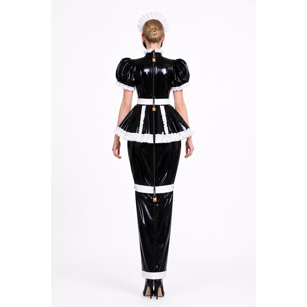 Black PVC sissy maid dress with white ruffles, back zipper, and lock detail, shown from behind