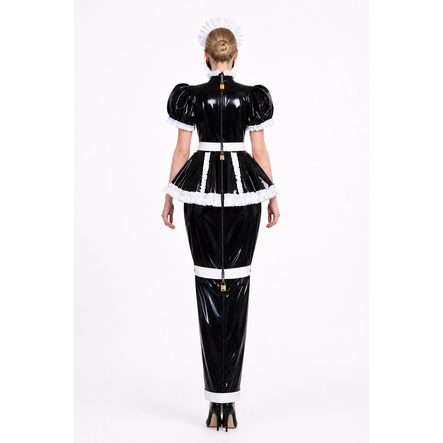 Black PVC sissy maid dress with white ruffles, back zipper, and lock detail, shown from behind