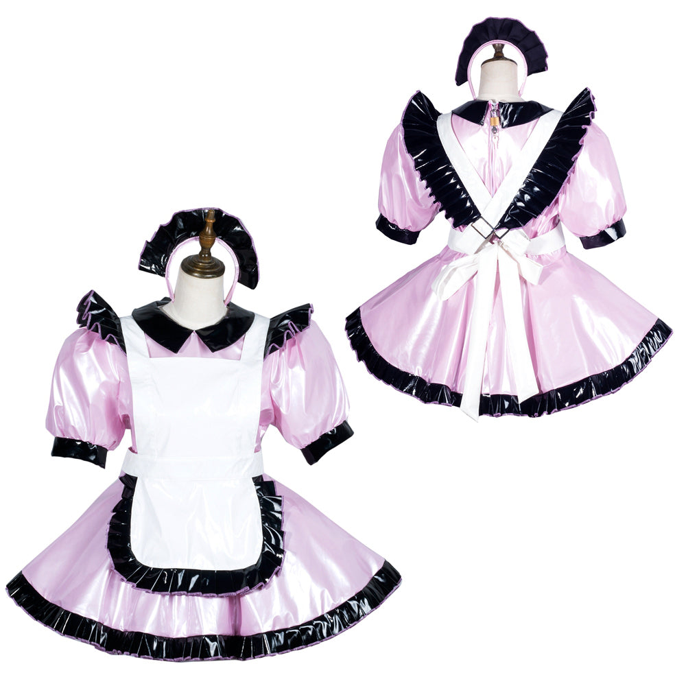 Pink sissy maid dress with black ruffles, white apron, and matching headpiece on mannequin