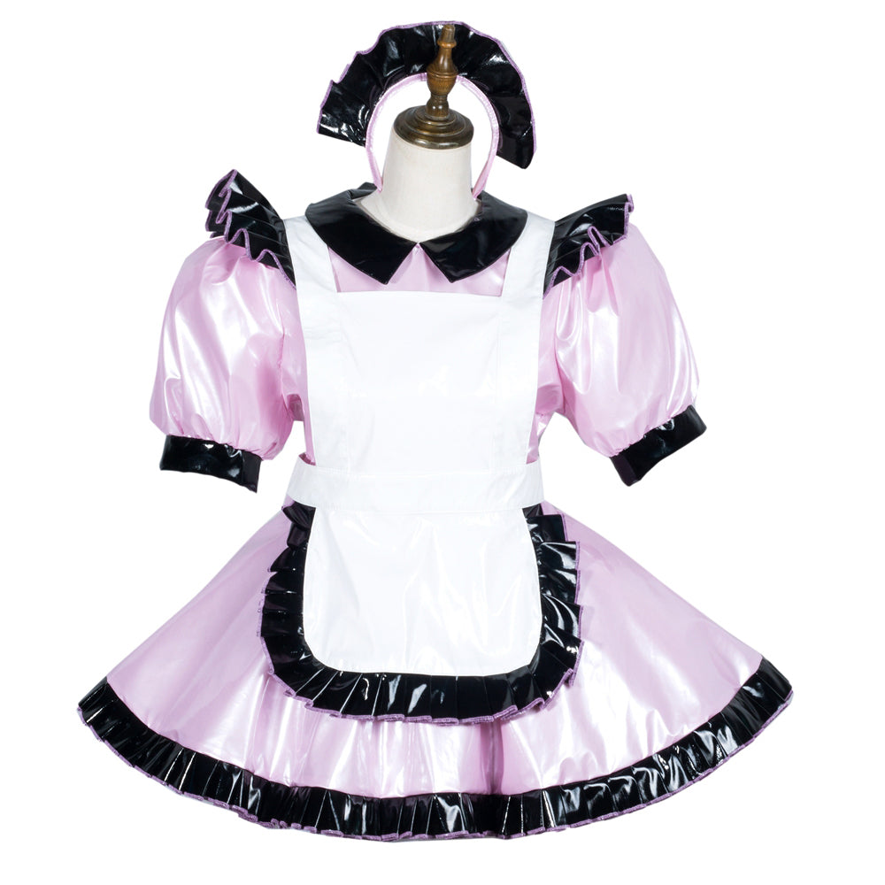 Pink and black sissy maid dress with PVC trim, puffed sleeves, and matching headband on mannequin