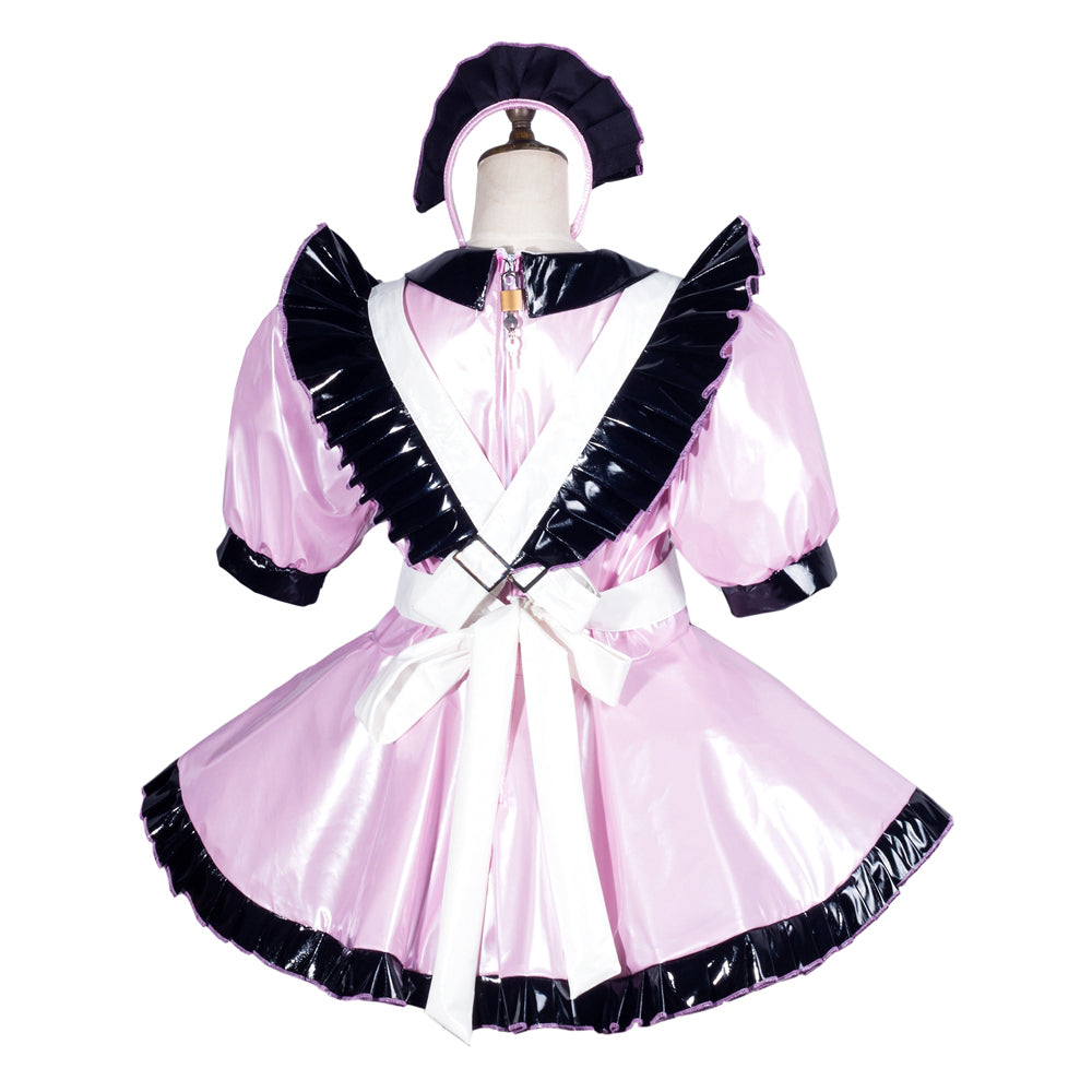Pink sissy maid dress with black ruffles, white apron, and matching hat on mannequin
