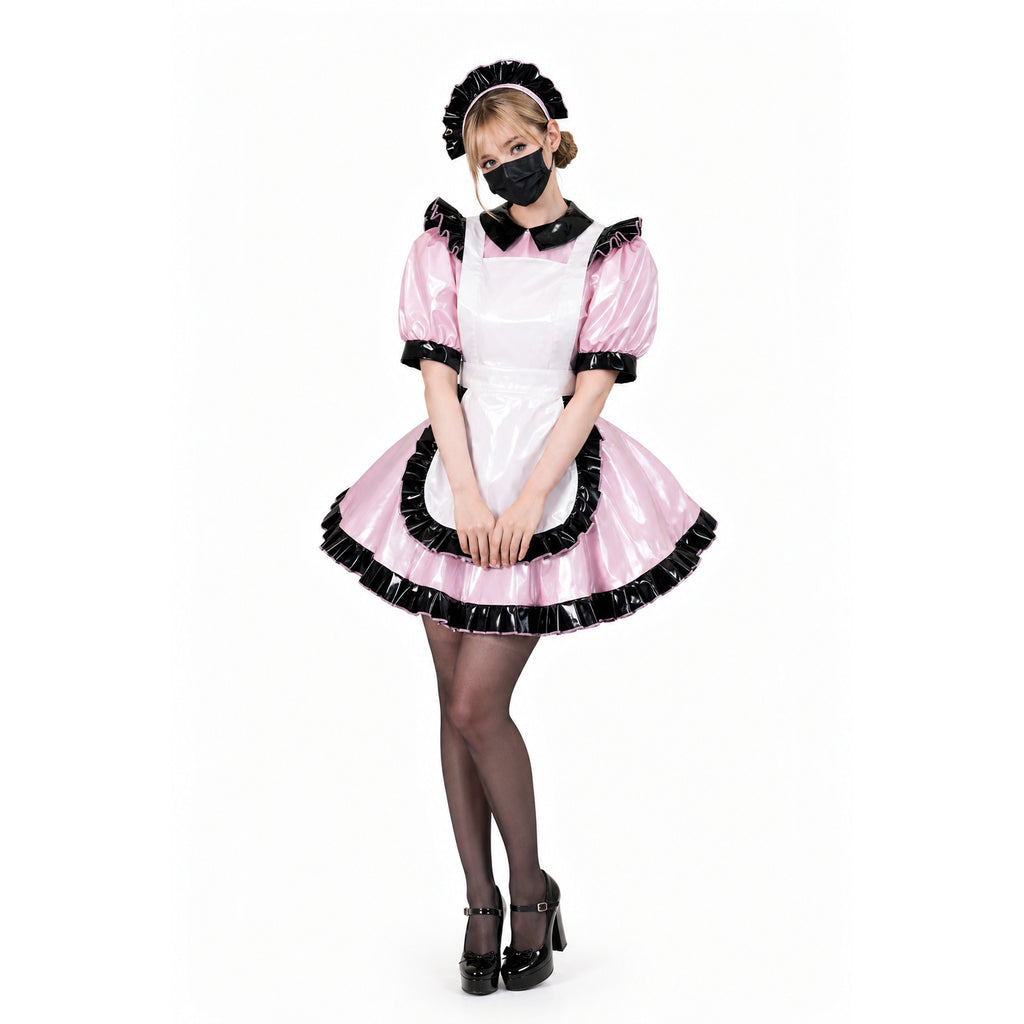 Pink and black sissy maid dress with PVC apron, ruffles, and matching headpiece