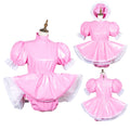 Pink PVC sissy maid dress with lace trim, puffed sleeves, and matching panties on mannequin