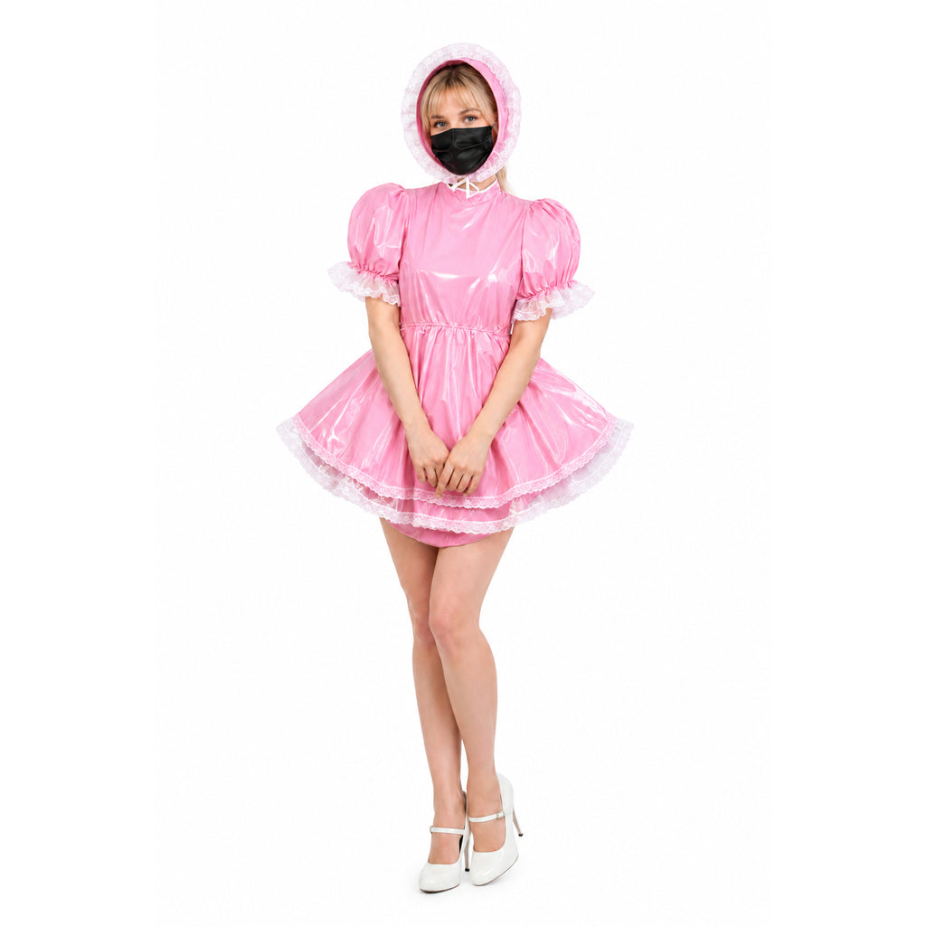 Pink sissy maid dress with lace trim, hood, and white heels, featuring PVC material and puffed sleeves