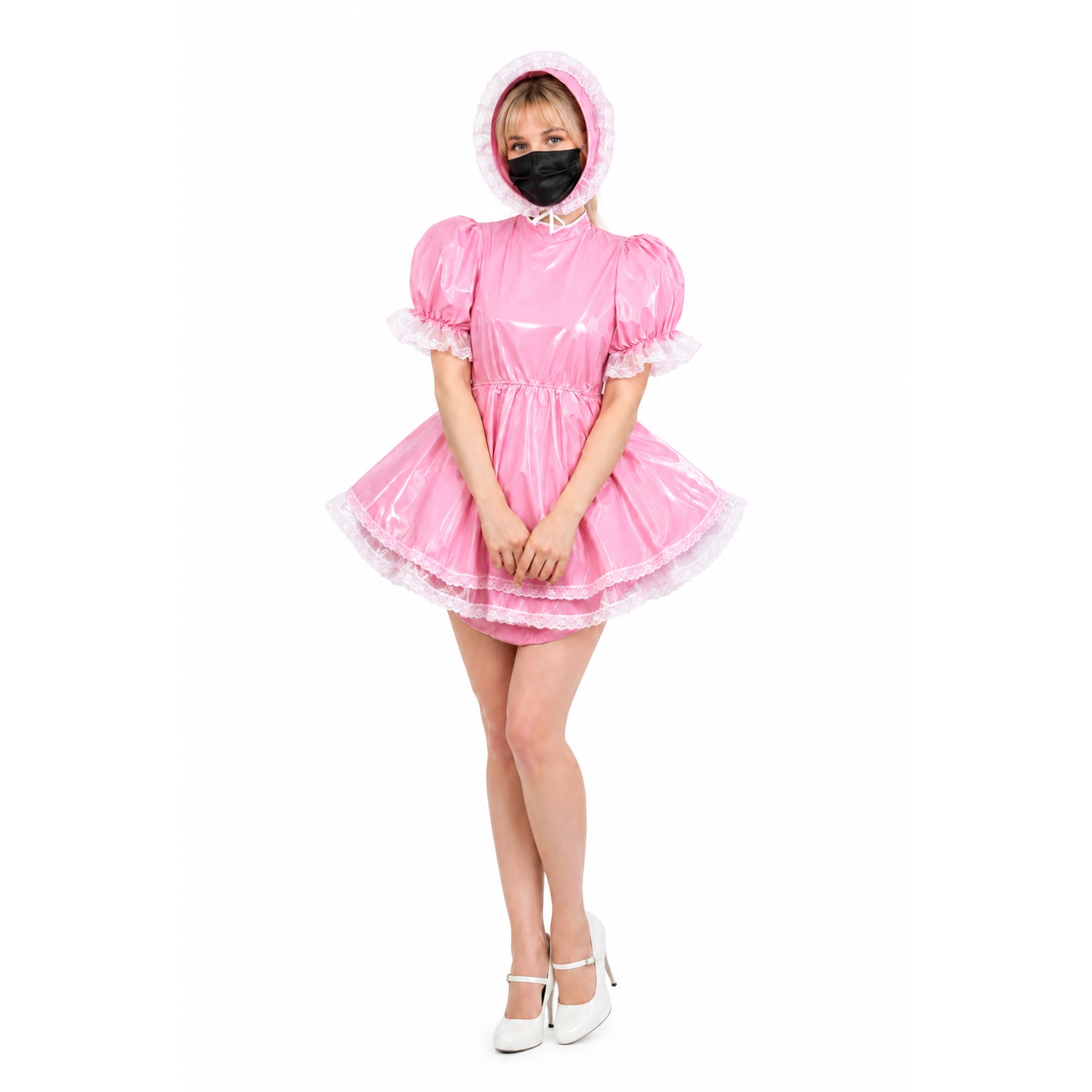 Pink sissy maid dress with lace trim, hood, and white heels, featuring PVC material and puffed sleeves