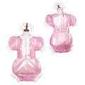 Pink PVC sissy maid dress with white ruffles and matching bonnet, front and back view