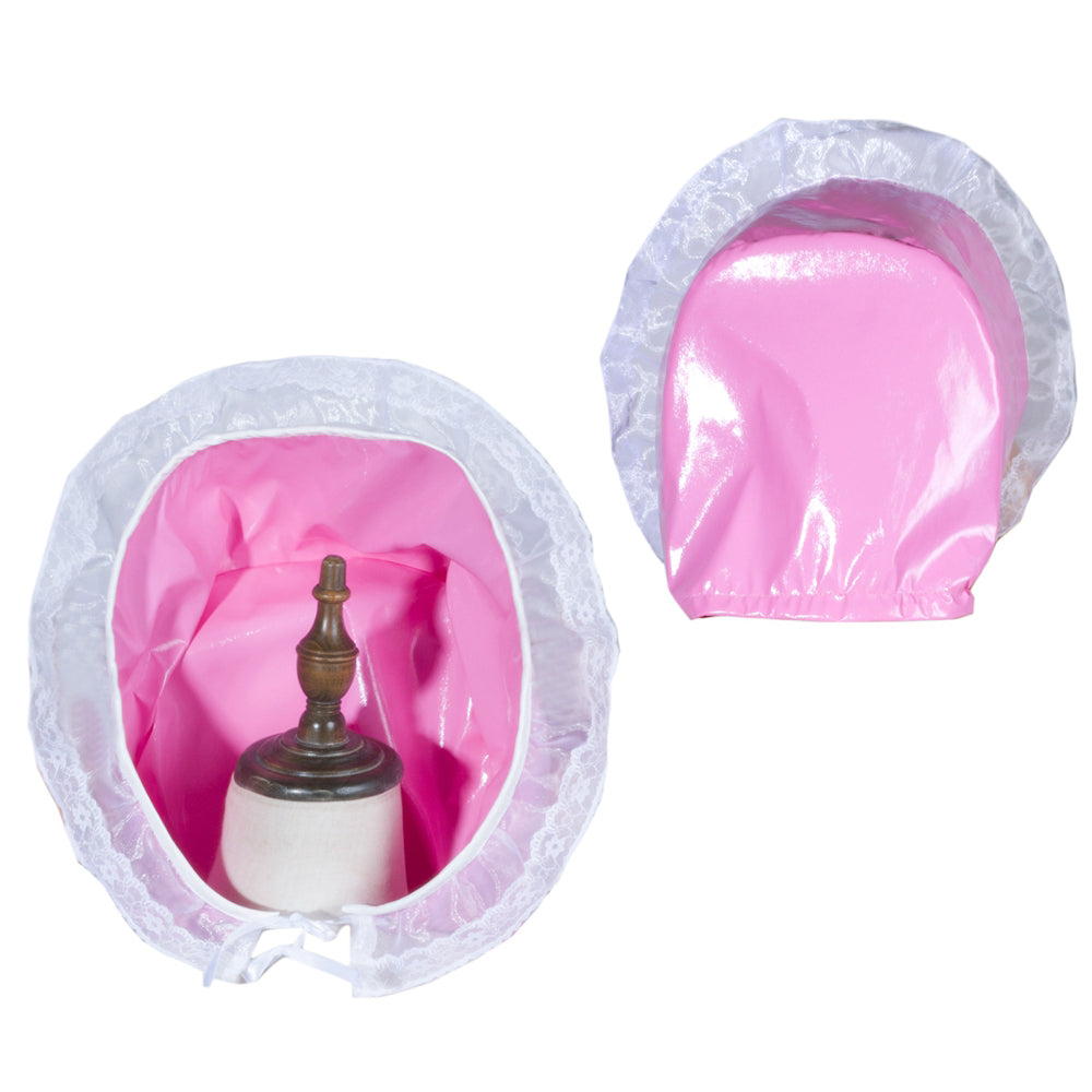 Pink PVC sissy maid bonnet with white lace trim, shown front and back on mannequin