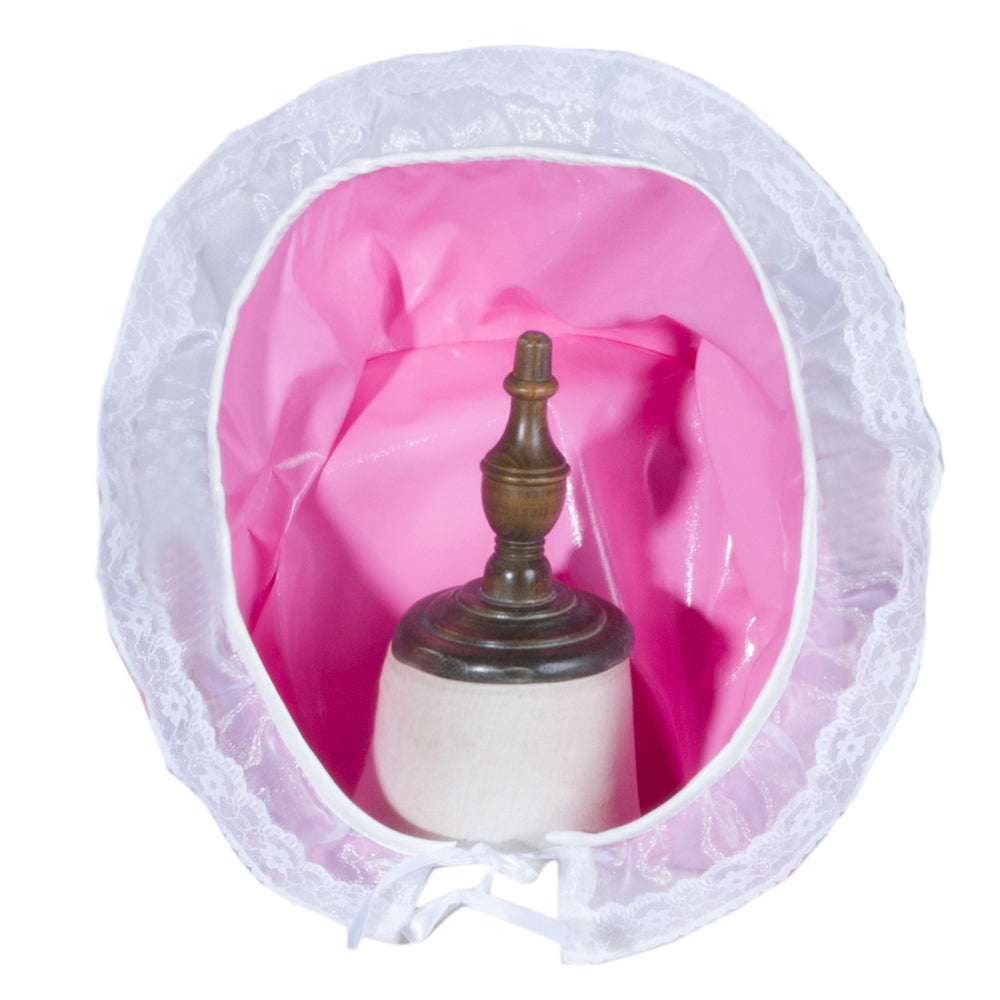 Pink sissy maid bonnet with white lace trim and satin lining, displayed on mannequin head