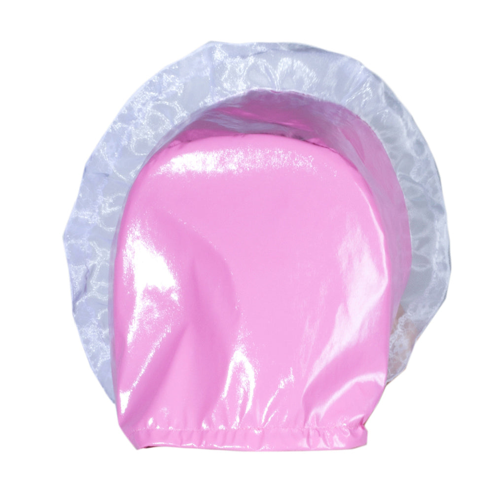 Pink PVC sissy maid bonnet with lace trim, part of French-style costume set