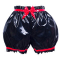Black PVC sissy maid shorts with red bow and trim, part of a boutique costume set