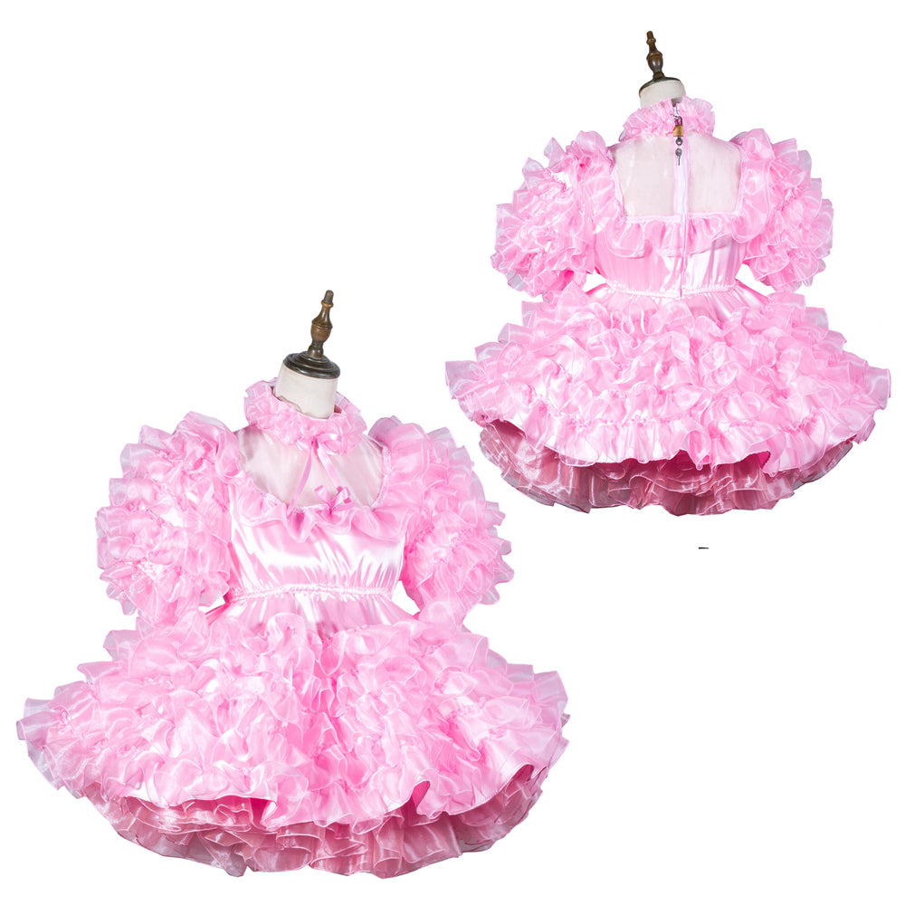 Pink ruffled sissy maid dress with layered taffeta skirt and satin bodice, shown front and back on mannequin