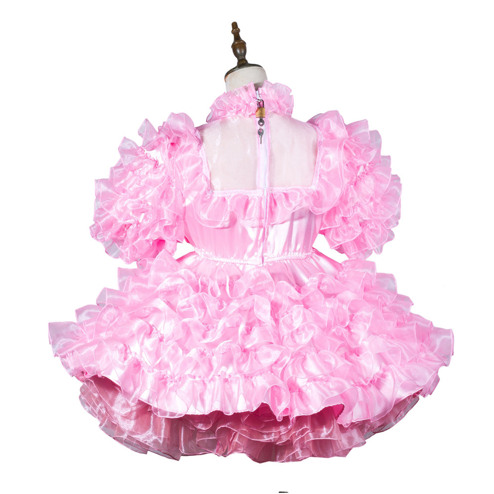 Pink sissy maid dress with ruffles, satin finish, and back zipper on mannequin