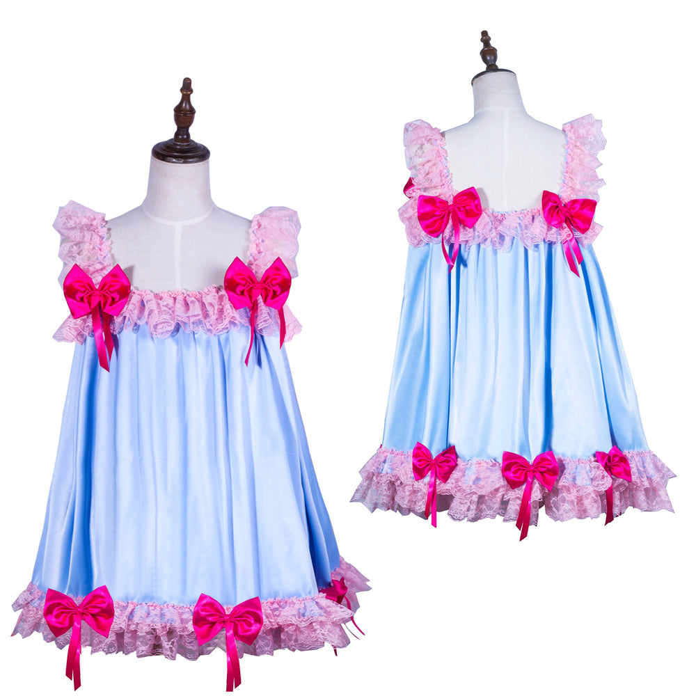 Blue sissy maid dress with pink lace and bows, front and back view on mannequin