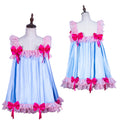 Blue sissy maid dress with pink lace and bows, front and back view on mannequin
