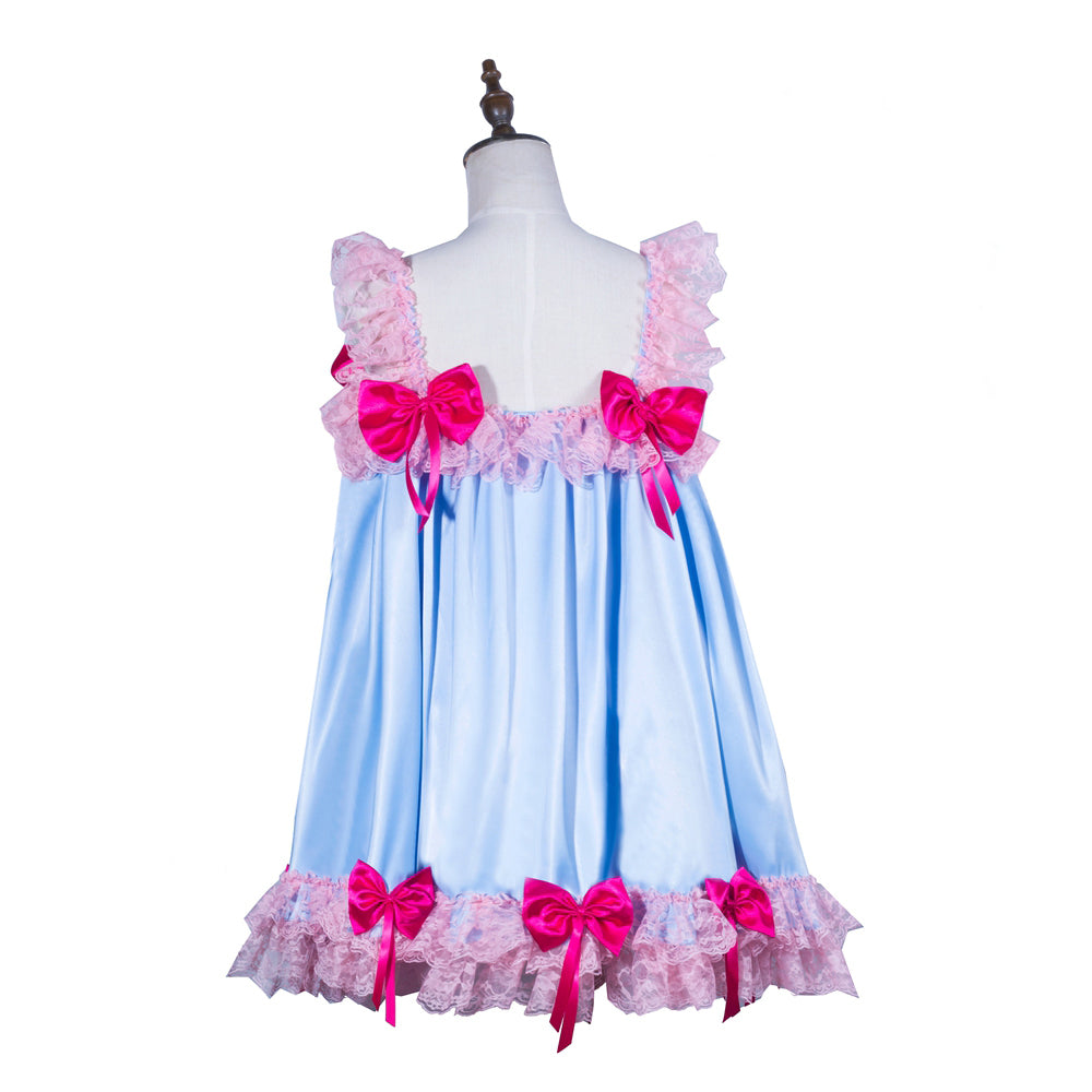 Light blue sissy maid dress with pink lace and bows, displayed on mannequin