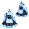 Blue and black sissy maid dress with ruffles and lace trim, displayed on mannequins
