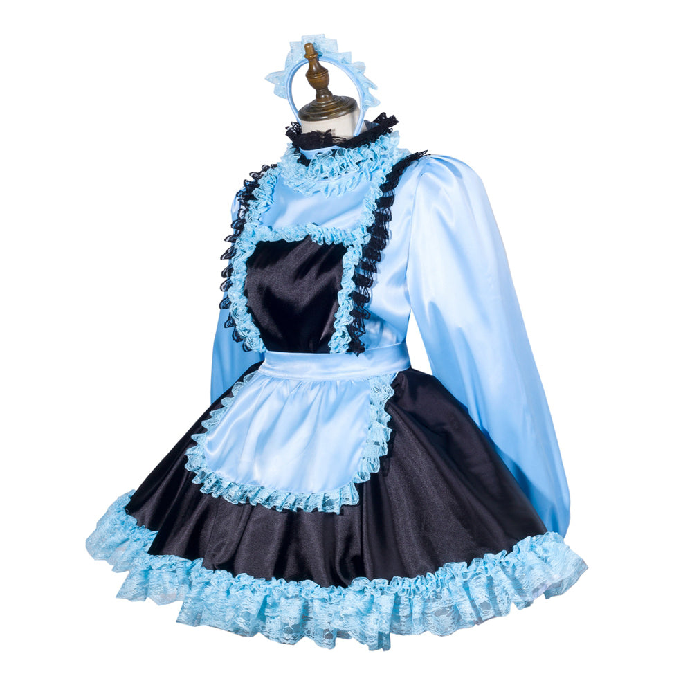Blue and black sissy maid dress with lace trim and apron, displayed on mannequin