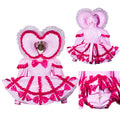 Pink sissy maid dress with heart hood, ruffles, bows, and lockable back detail