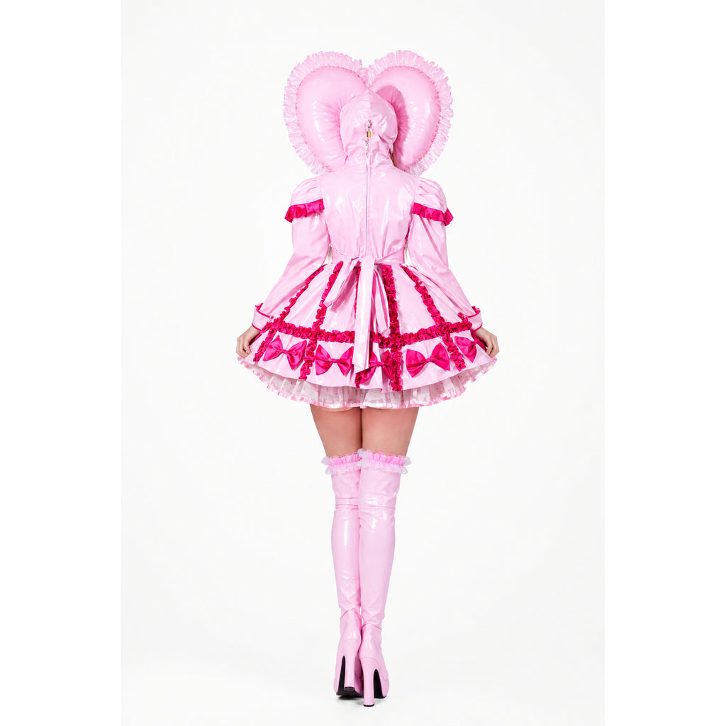 Pink sissy maid dress with heart hood, ruffles, bows, and thigh-high boots, back view