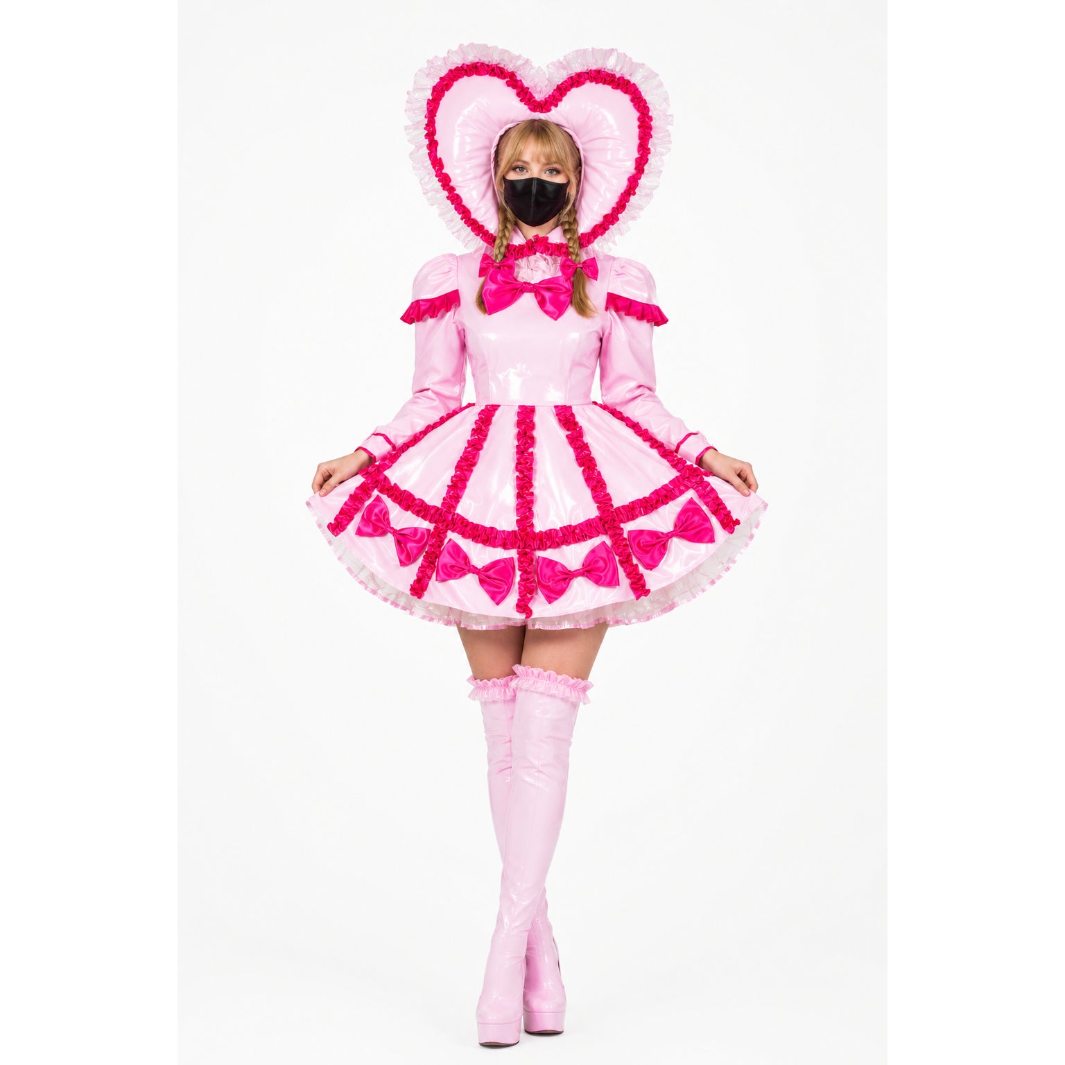 Pink sissy maid dress with heart hood, ruffles, bows, and thigh-high boots for costume fashion