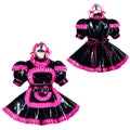 Black PVC sissy maid dress with pink ruffles and apron, featuring puffed sleeves and bow tie