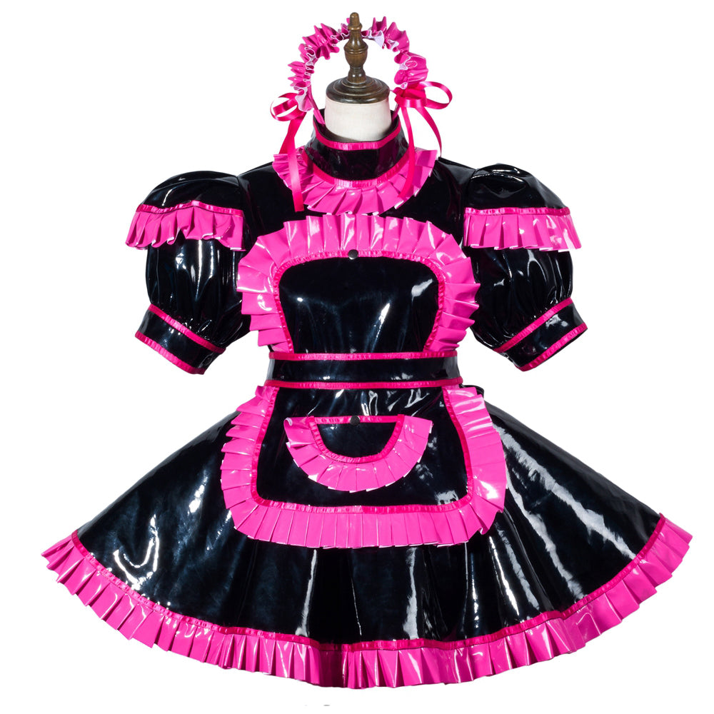 Black and pink sissy maid dress with ruffles, PVC material, and matching headband on mannequin