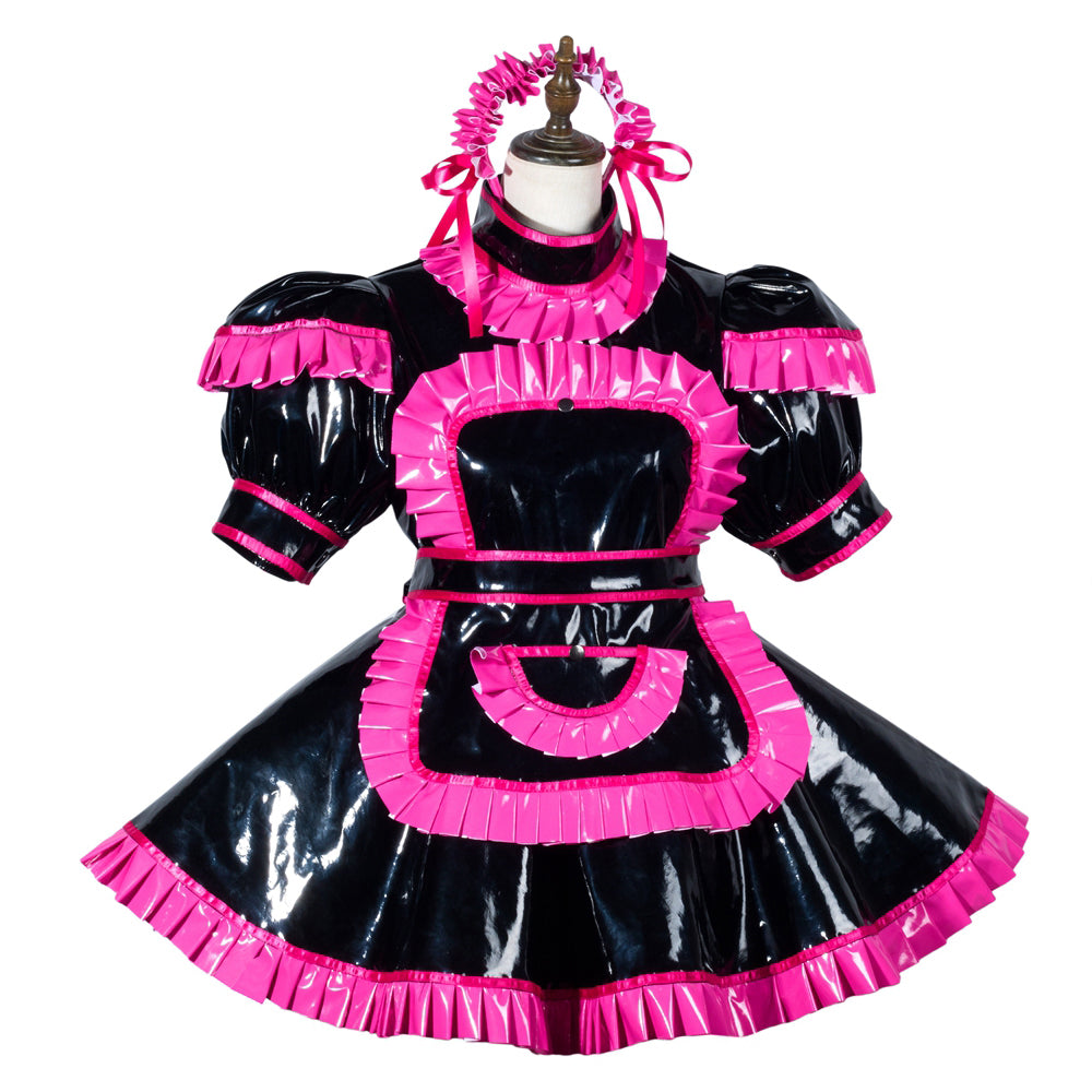 Black and pink PVC sissy maid dress with ruffles and apron, displayed on mannequin