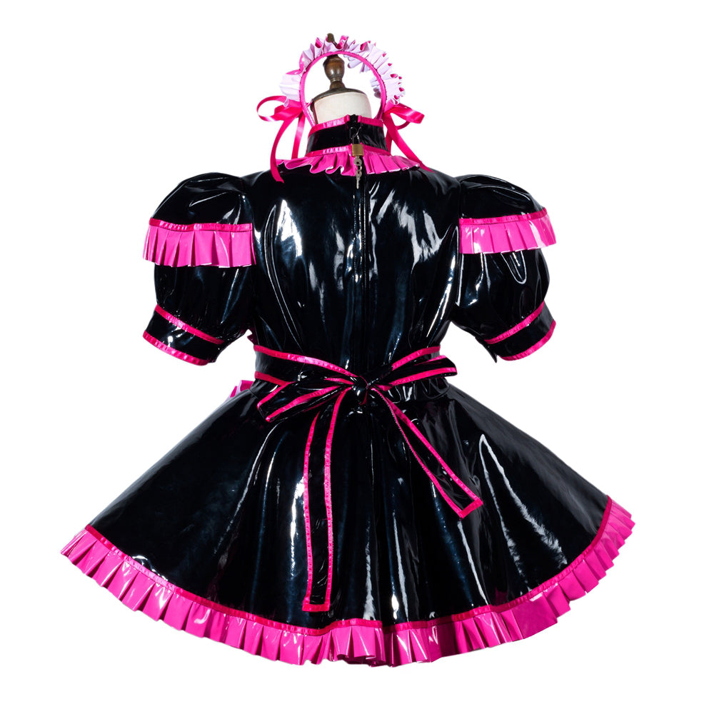 Black PVC sissy maid dress with pink ruffles and bow, featuring lockable back zipper and puffed sleeves.