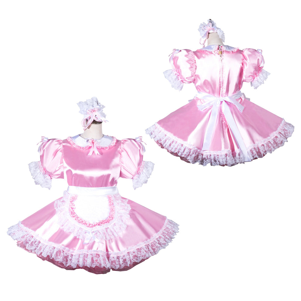 Pink sissy maid dress with lace trim and bow, featuring satin fabric and frilly details