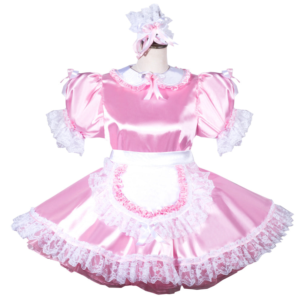 Pink sissy maid dress with lace trim and matching headpiece, elegant satin design