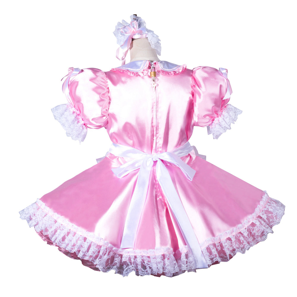 Pink sissy maid dress with lace trim and white bow, featuring puffed sleeves and elegant design.