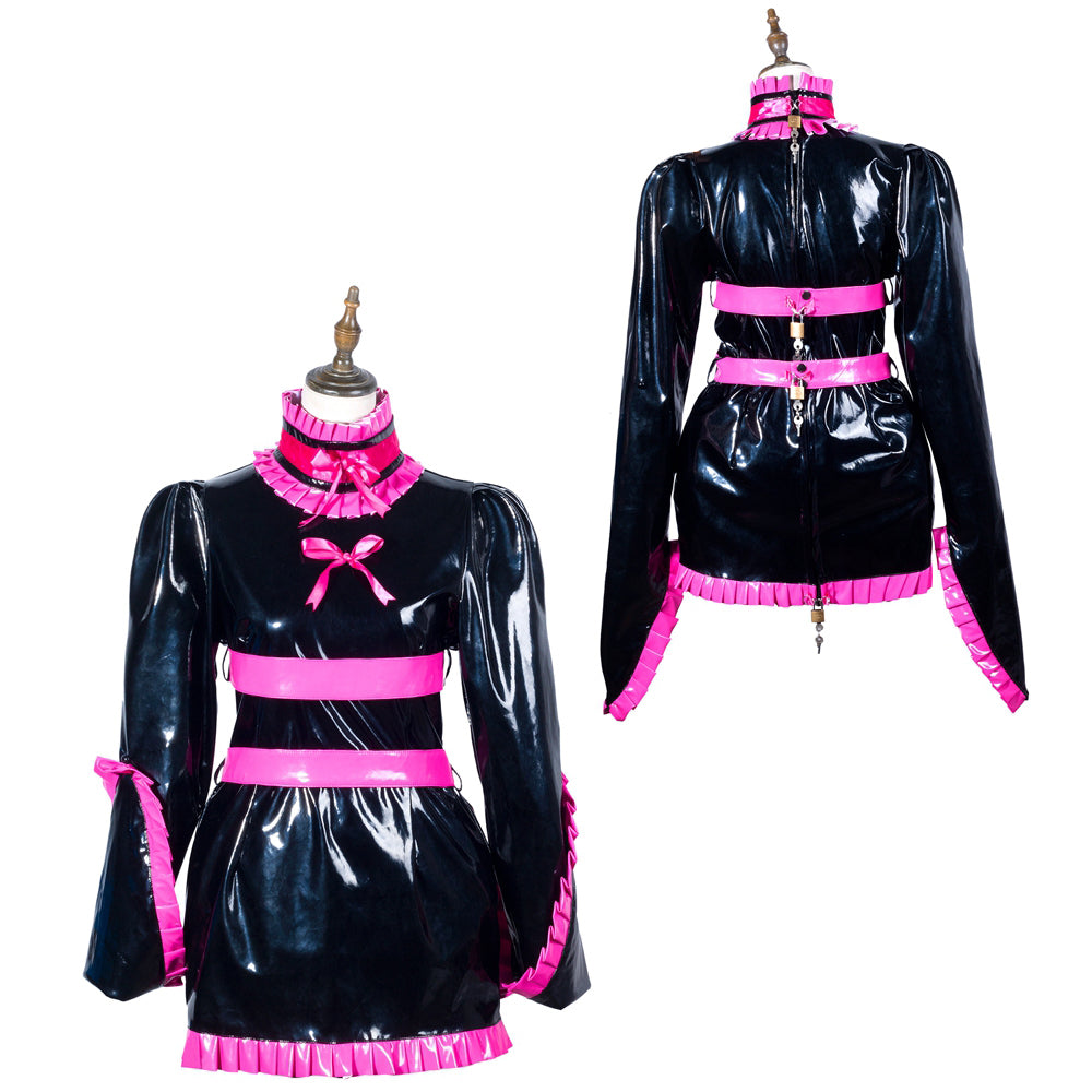 Black and pink sissy maid dress with ruffles and lockable design