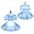 Light blue sissy maid dress with lace trim, puffed sleeves, and satin bow, displayed front and back on mannequin