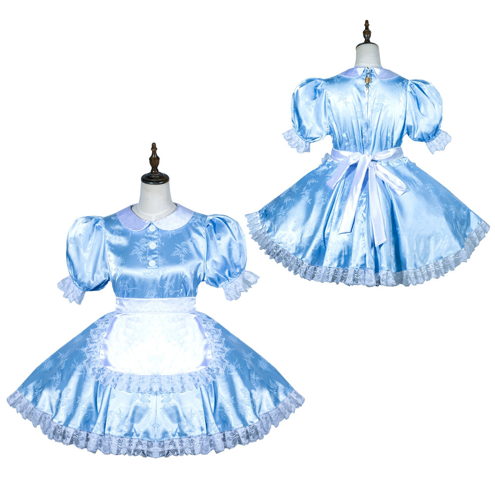 Light blue sissy maid dress with lace trim, puffed sleeves, and satin bow, displayed front and back on mannequin