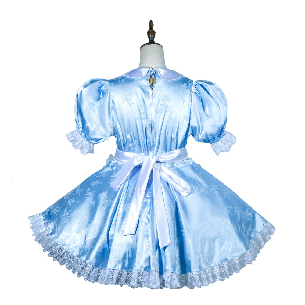 Light blue sissy maid dress with lace trim, puff sleeves, and back bow on mannequin