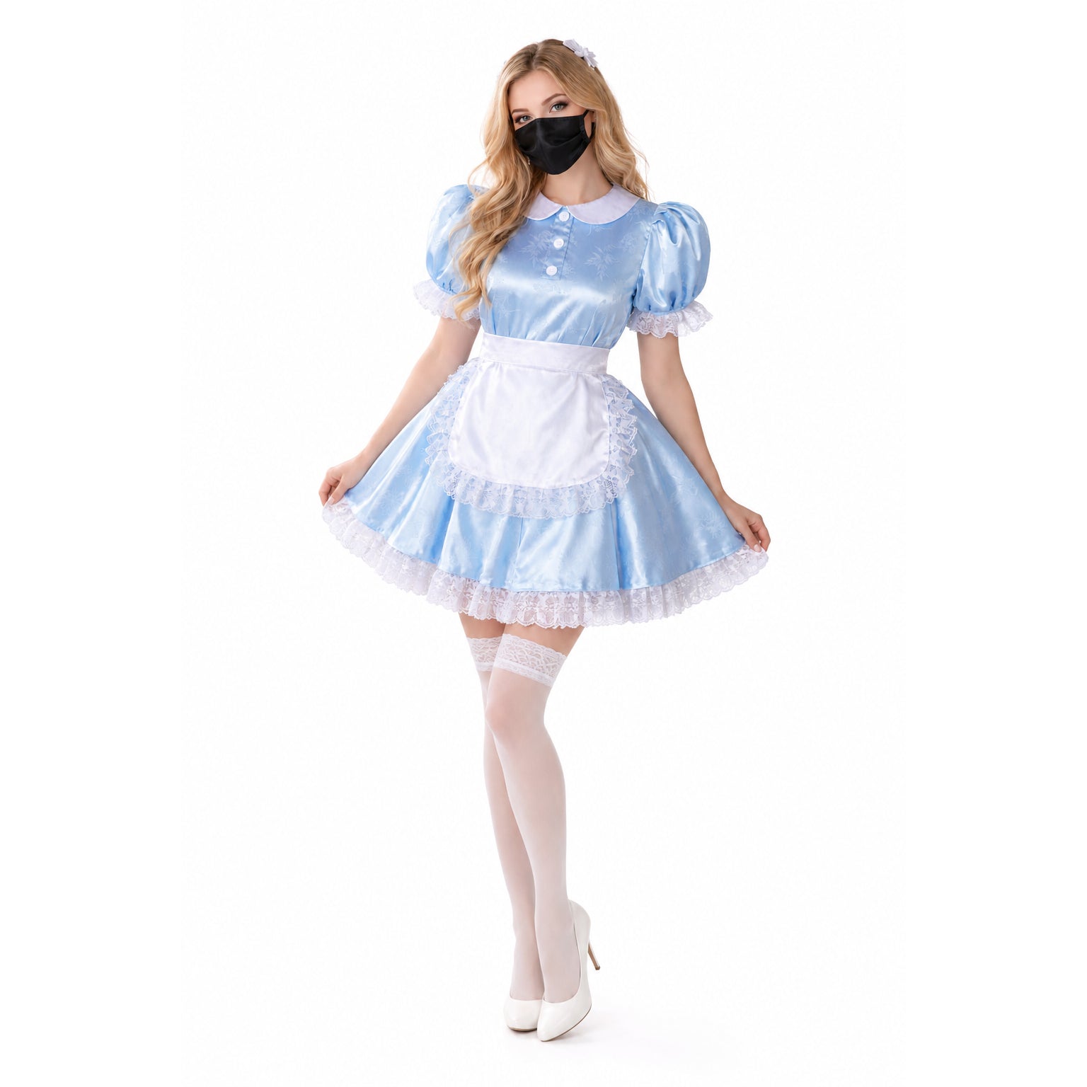Blue satin sissy maid dress with white lace apron, puffed sleeves, and thigh-high stockings