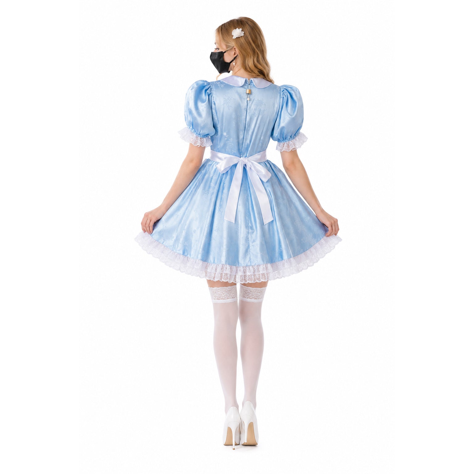 Light blue sissy maid dress with white lace trim, puff sleeves, and bow waist, paired with white stockings and heels