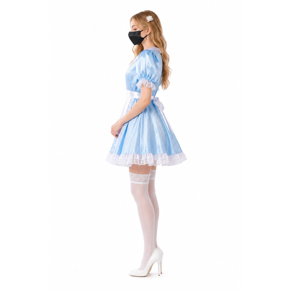 Blue sissy maid dress with lace trim, white apron, and high heels, styled for elegant costume fashion.