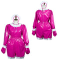 Pink PVC sissy maid dress with white ruffles and matching headband, front and back view