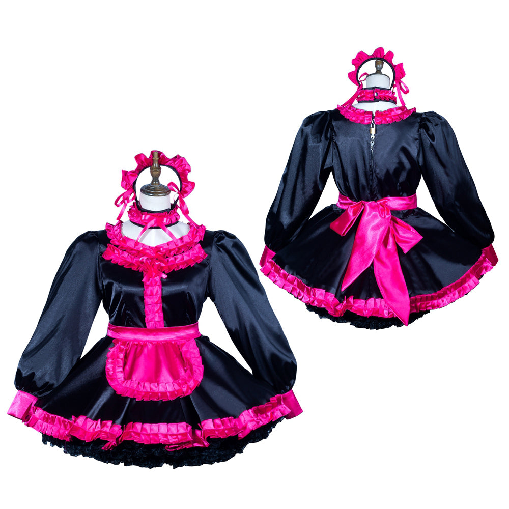 Black and hot pink sissy maid dress set with ruffles, apron, and headpiece on mannequins